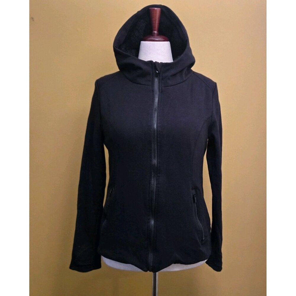 90 Degree by Reflex Zip Fleece Hooded Track Jacket Large Black‎ Womens Faux Fur